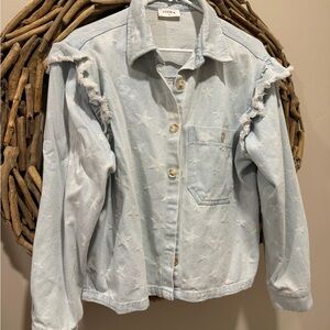 Storia Light Blue Star-Print Denim Jacket with Frayed Shoulders